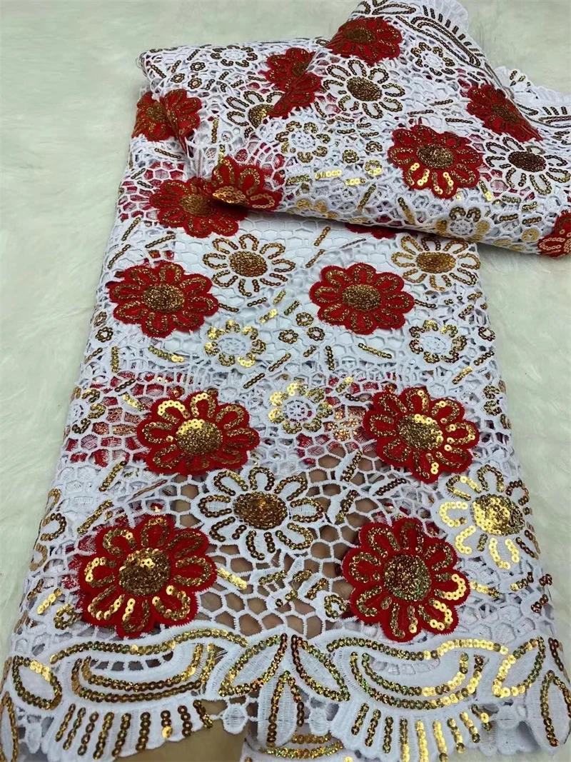 

African Guipure Lace Fabric With Gold Sequins Cord Lace Fabrics For Women Dress 5 Yards