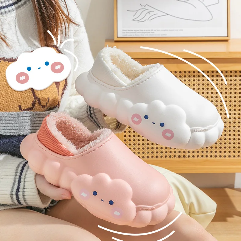 

Водонепроницаемые женские зимние тапочки с мультипликационным принтом, плюшевые хлопковые уличные тапочки из ЭВА на толстой нескользящей ...