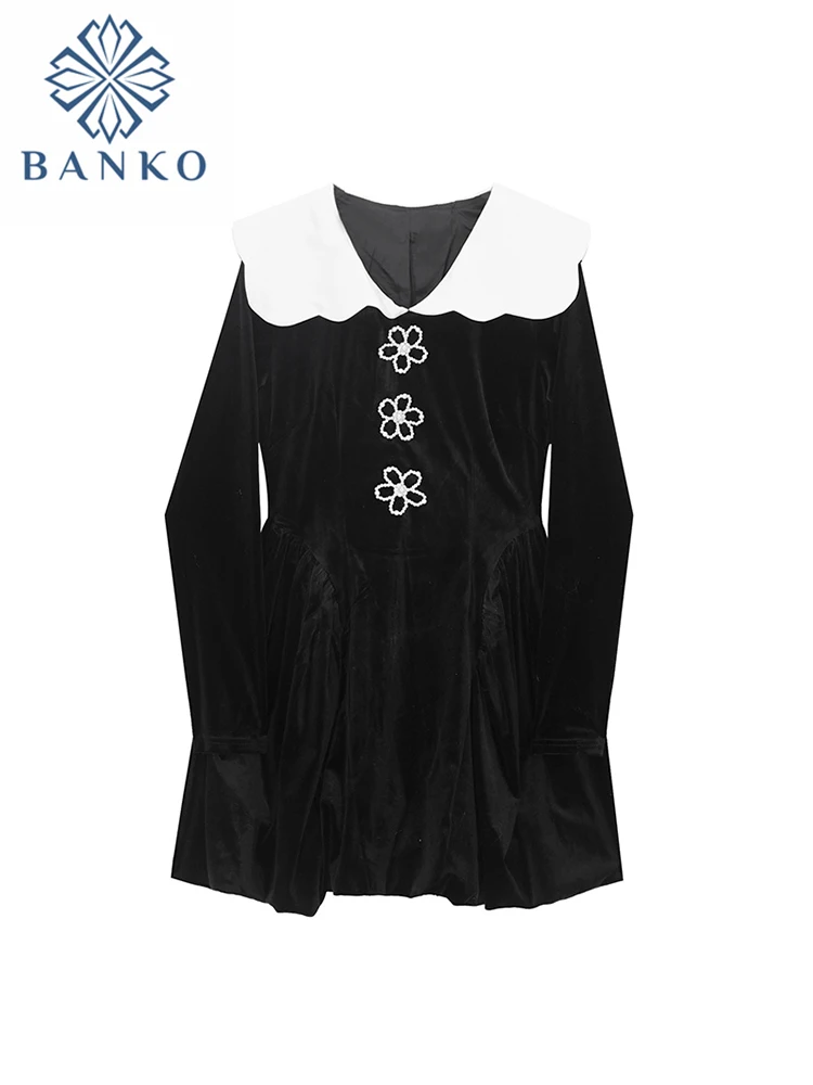 

Pearl Floral Button Women Contrast Color Mid-Long Frocks Lapel Long Sleeve Velvet Lady Dress Pleated Retro Sweet Cute Style Chic
