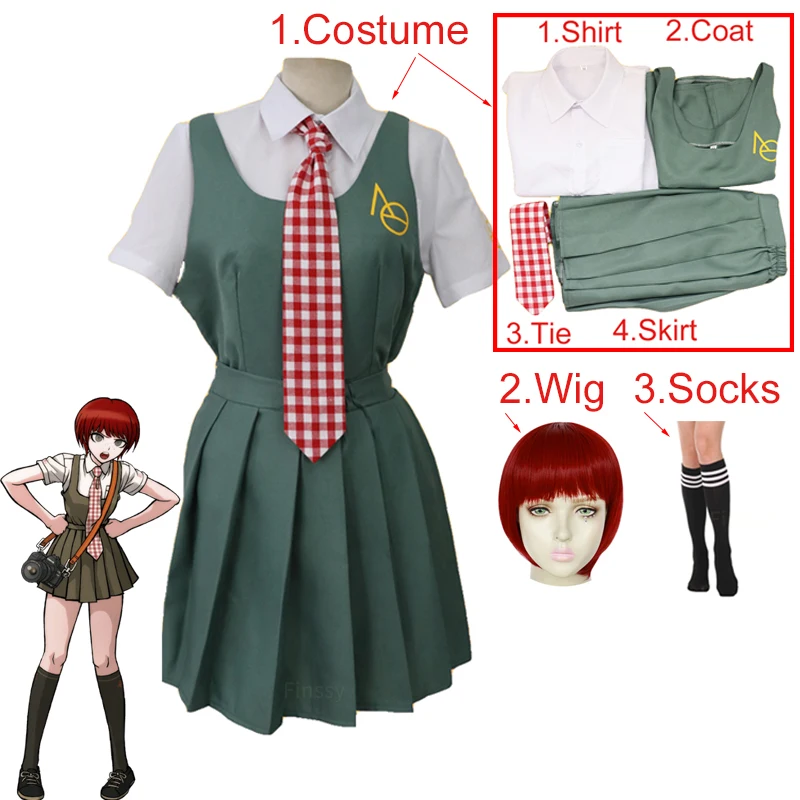 Anime Costumes Danganronpa Koizumi Mahiru Cosplay Costume High School Student Uniform Red Wig Socks