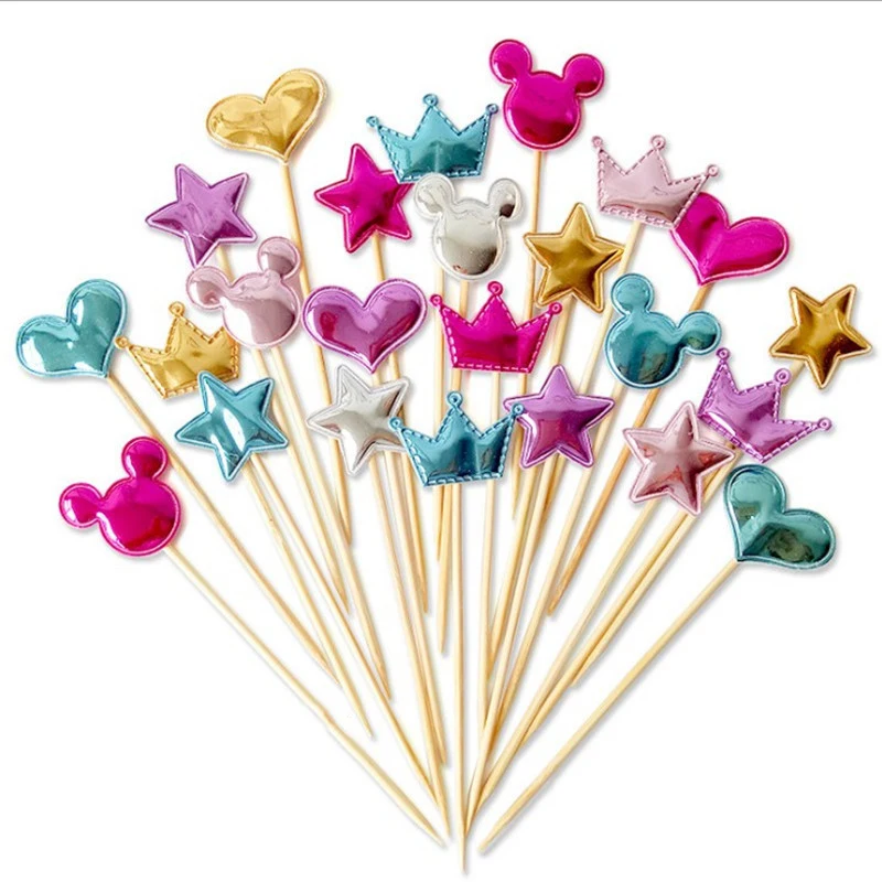 

50pcs/lot Mickey Mouse Heart Star Crown Cake Topper For Birthday Cupcake Flag Baby Shower Wedding Party Decoration Supplies