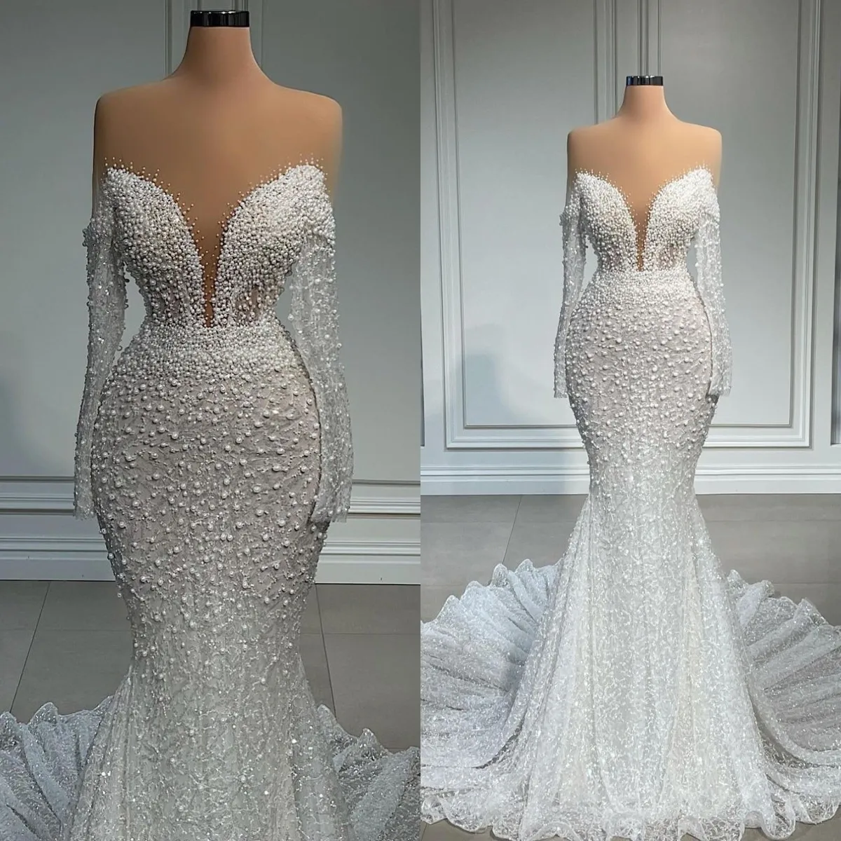 

2022 Beading Mermaid Evening Dresses Lace Pearls Handmade Celebrity Dress Party Wear Vestido de novia