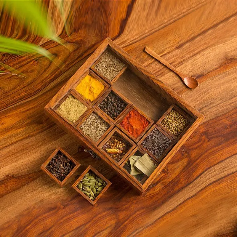 

Wooden Masala Spice Storage Box With 12 Containers And Glass Lid Top With Spoon For Kitchen and Organization.