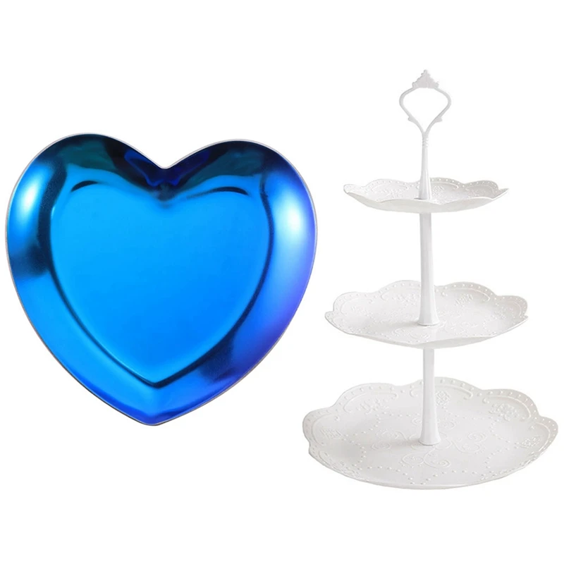 

1Pcs Heart Shaped Jewelry Serving Plate Metal Tray & 1 Set Plastic Serving Platter Cake Stand Traydessert Tray Square
