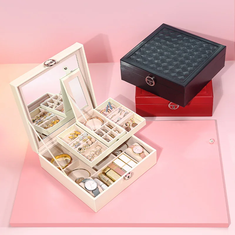3-in-1 Large Jewelry Box Organizer with Mini Travel Storage Box for Women Built-in Mirror Jewelry Packaging Display Box with Key