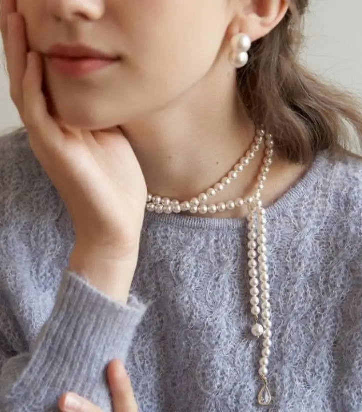 

French graceful sweet gentle pearl zircon pendant Y-chain sweater chain a variety of wearing gorgeous lady royal neck jewelry