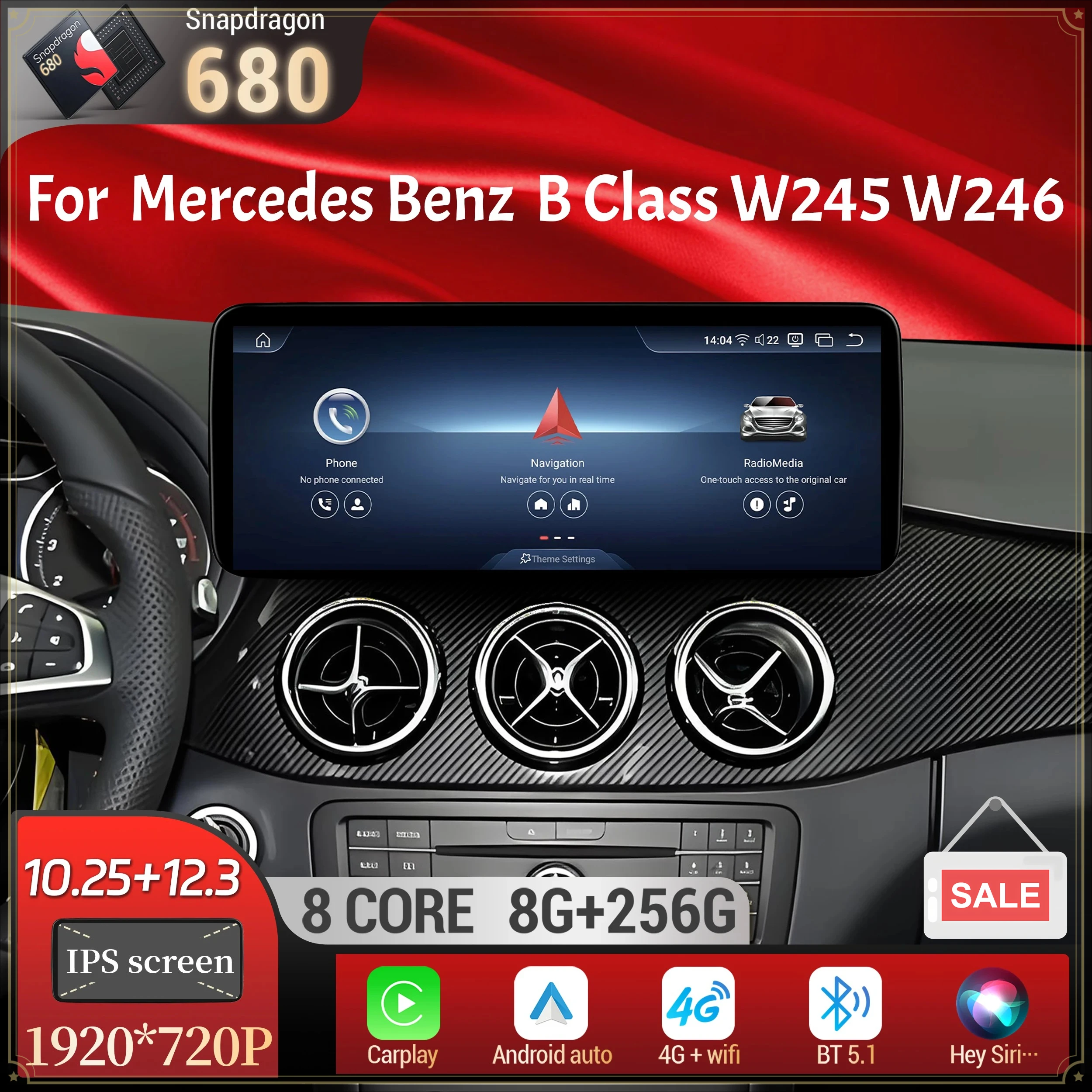 Фото Автомагнитола Android 14 с CarPlay, процессор Snapdragon 680, экран SM6225 для Mercedes Benz B-класса B180, B200, B220, B260, W245, W246 2011-2019 гг. №1