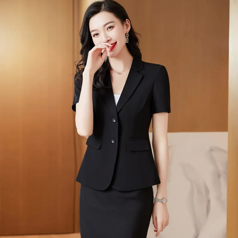 

Black Small Business Suit Coat Women's Short Sleeve Summer 2023 New Hotel Front Stage Work Wear Clothes Professional Tailored Su