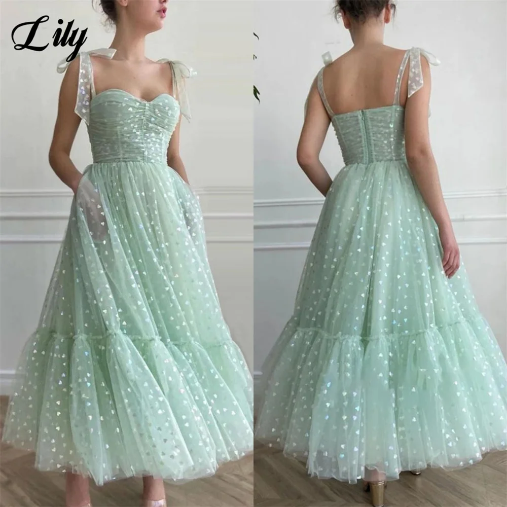 

Lily Mint Green Hearty Prom Dress Tied Bow Straps Sweetheart Midi Prom Gowns Pockets Tea-Length Wedding Party Dress robe soirée