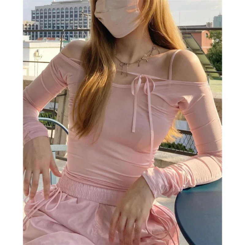 

HOUZHOU Y2k Pink T-shirt Women Kpop Long Sleeve Off Shoulder Crop Top Sexy Korean Fashion Streetwear T-shirts 2000s Aesthetic
