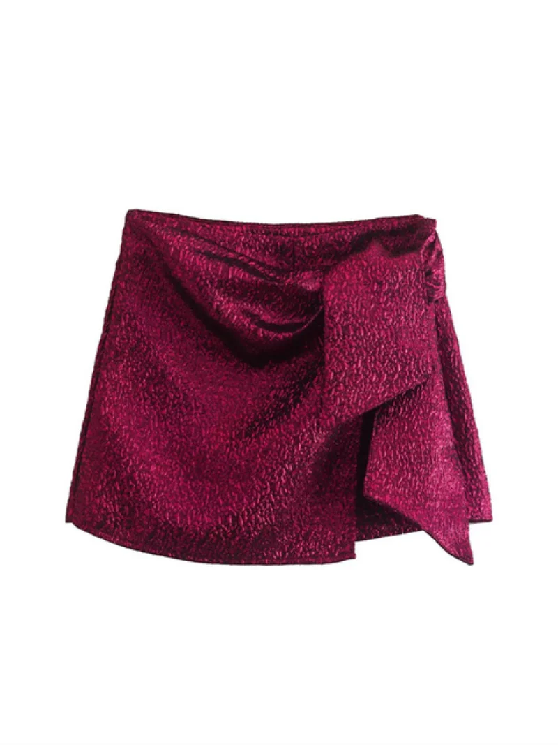 2023 New Spring Women Shorts Skirts Traf Bow Tied Shiny High Waist Zipper Side Wrap Skorts Vintage Female Short Y2K Pants