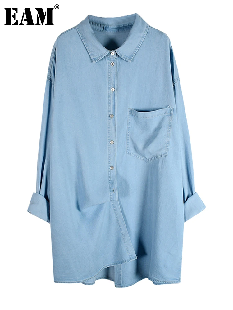 

[EAM] Women Blue Denim Casual Big Size Blouse New Lapel Long Sleeve Loose Fit Shirt Fashion Tide Spring Autumn 2023 1DE7416