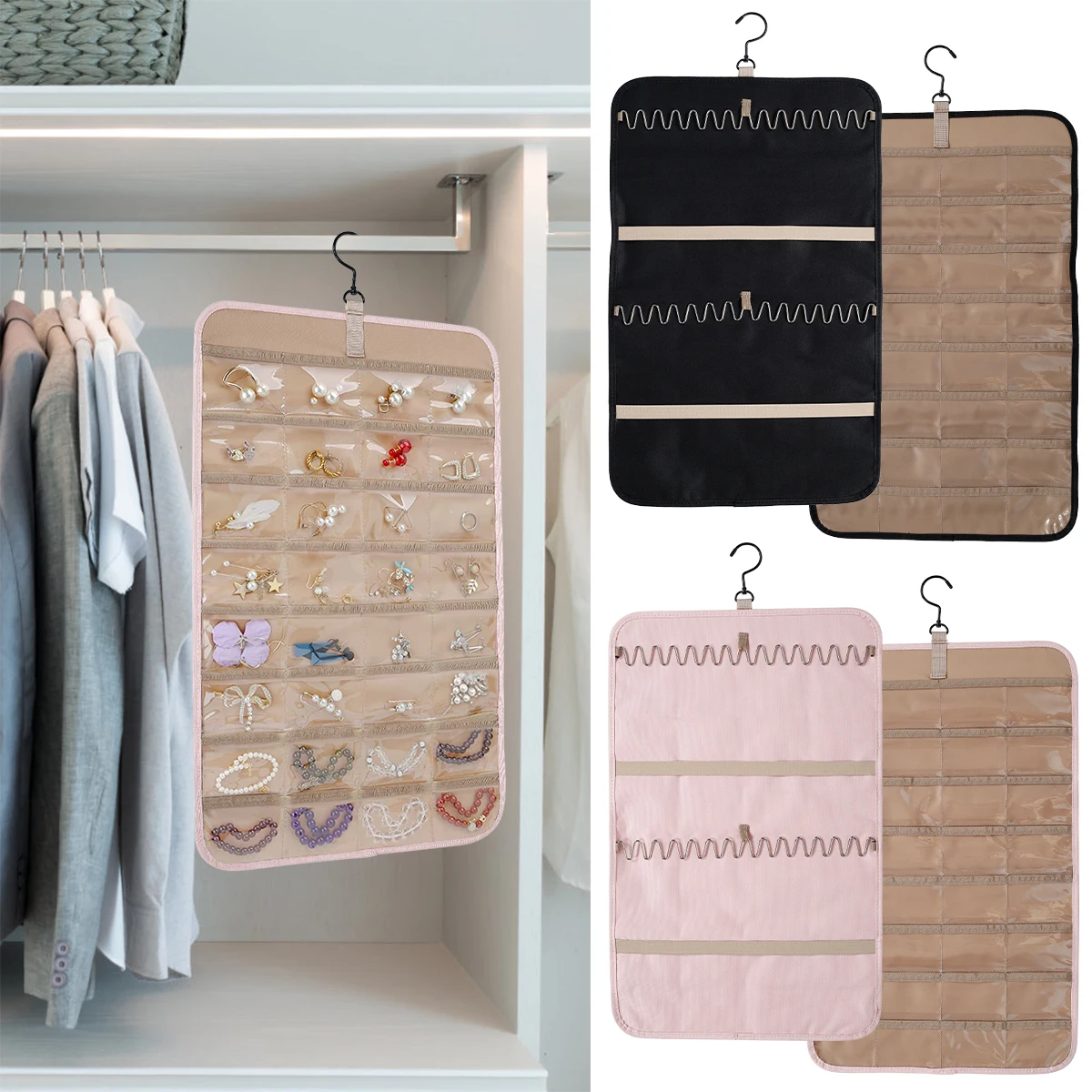

Hanging Jewelry Organizer Case with Metal Hooks Foldable Jewelry Storage Roll Double Sided Revolving Jewelry Hangers Travel