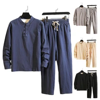 1 set spring autumn top pants close fit solid color round neck chinese style two pieces set for office