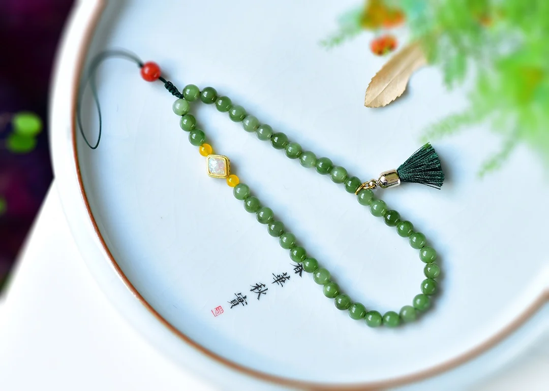

Nephrite Jasper Phone Chain Wrist Lanyard Short Tassels Archaic Bracelet Handle Piece Girlfriend Gift Green Chinese Style