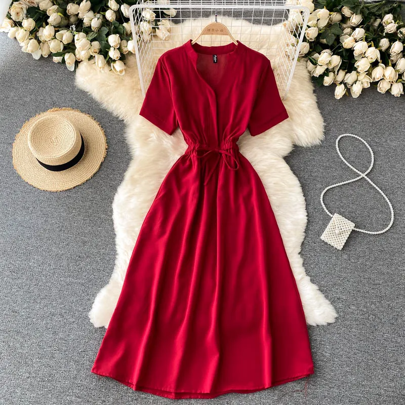 

French Multicolor Dresses For Women 2022 V-neck Bubble Short-sleeve Women's Dress Summer New Korean A-line Big Swing Dress Woman