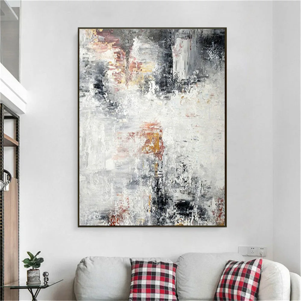

Nordic Hand-painted Modern abstract oil painting gray Black and White textured wall Painting on Canvas vertical wall art picture