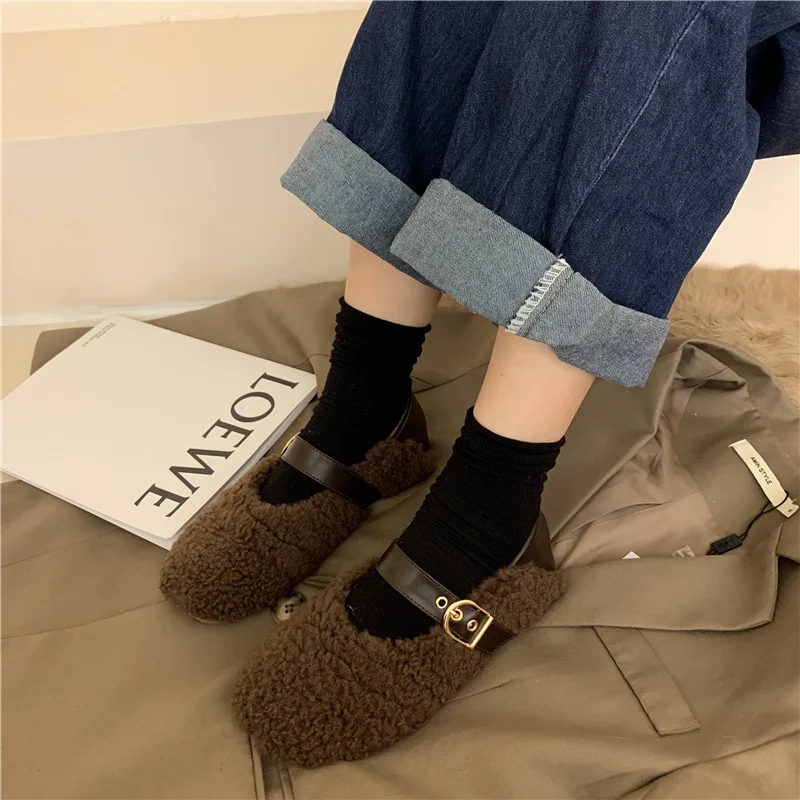 Lambswool Moccasins Femme Metal Buckle Belt Plush Flats Warm Cotton Loafers Curly Sheep Fur Mary Janes Winter Shoes Women 2022