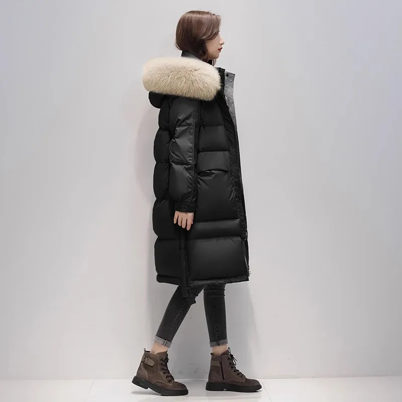 Женский пуховик с капюшоном длинная теплая парка на белом утином пуху воротником