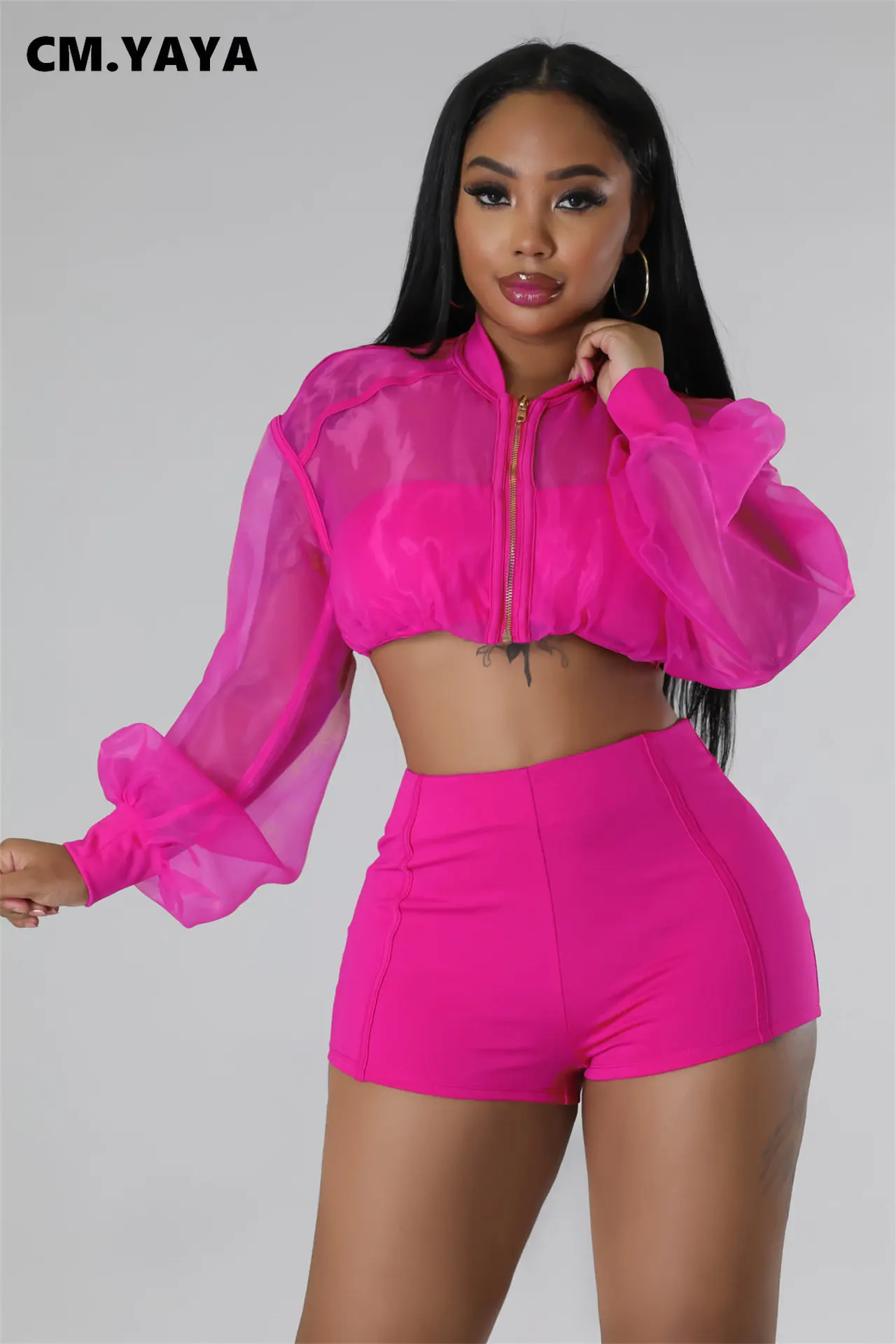 Модный женский комплект CM.YAYA на молнии укороченный топ и шорты с