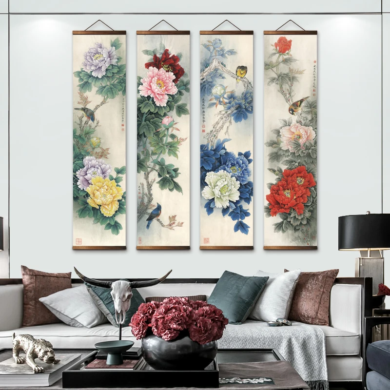 

MT0021 Chinese Style peony blooming prosperous flower bird Decorative Wall Art Canvas Posters Solid Wood Scroll Paintings