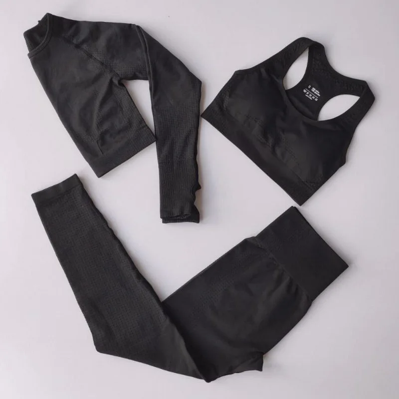 3 Pcs Women Outfit Gym Sets Dot Gather Push-up Bras Sport Long Sleeve Top Scrunch Bum Leggings Yoga Fitness Clothing Quick-dry