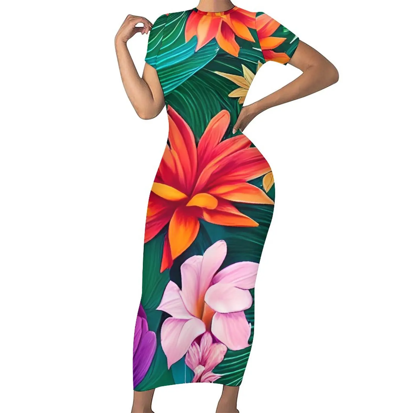 

Женское облегающее платье-макси с коротким рукавом и цветочным принтом