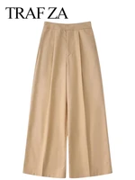 traf za casual elegant solid khaki versatile lady wide leg pants lightweight loose comfort straight leg womens trousers new