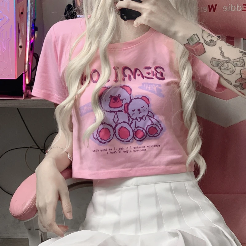 

Pink Short T-shirt Women's Harajuku Gothic Belly button Short sleeve Top 2022 Summer Street Y2K clothes goth clothes
