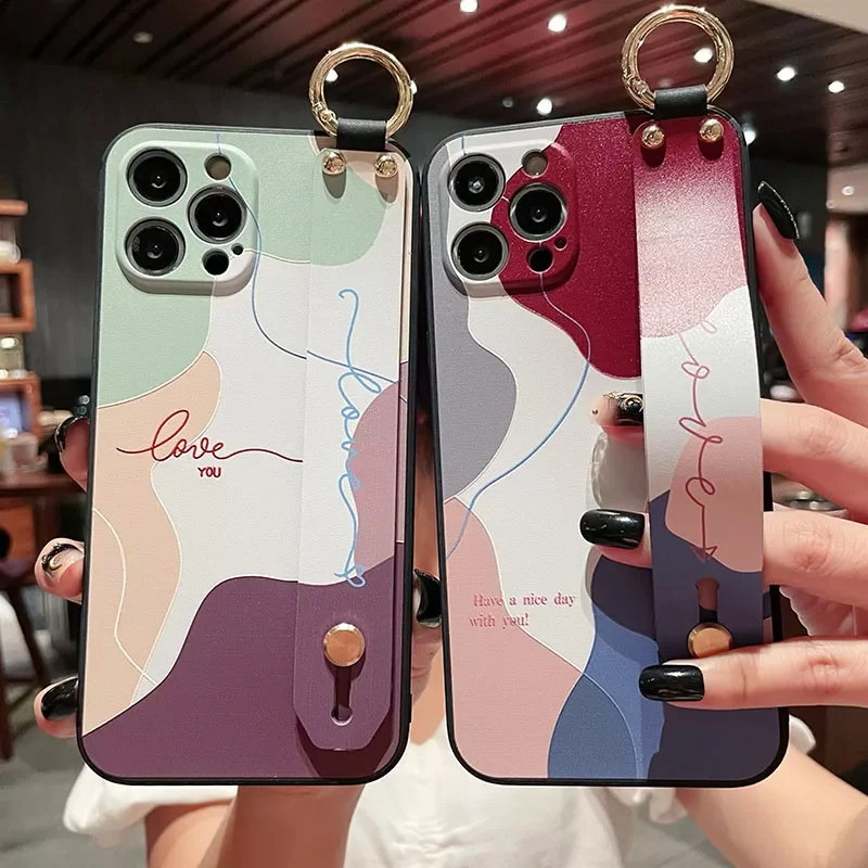 

NEW2022 Retro Abstract Geometry Wrist Strap Soft Phone Case For Iphone 11 12 13 Pro MAX X XR XS SE 2020 7 8 Plus Hand Band Brack