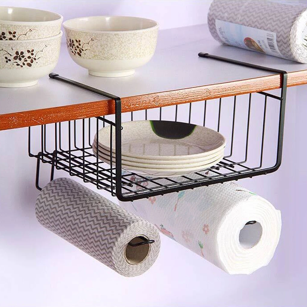 Storage Shelf Under Cabinet Metal Wire Basket Organizer Fit Dual Hooks for Kitchen Pantry Desk Bookshelf