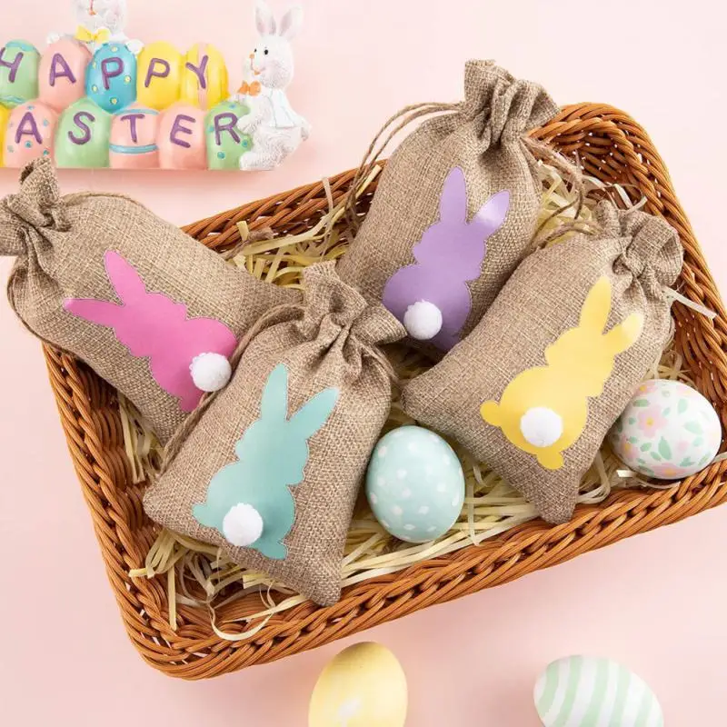 

Spring Easter Party Cartoon Rabbit Ear Shape Burlap Candy Bags Easter Party Favors Decor Happy Easter Small Bags 24pcs/set Linen