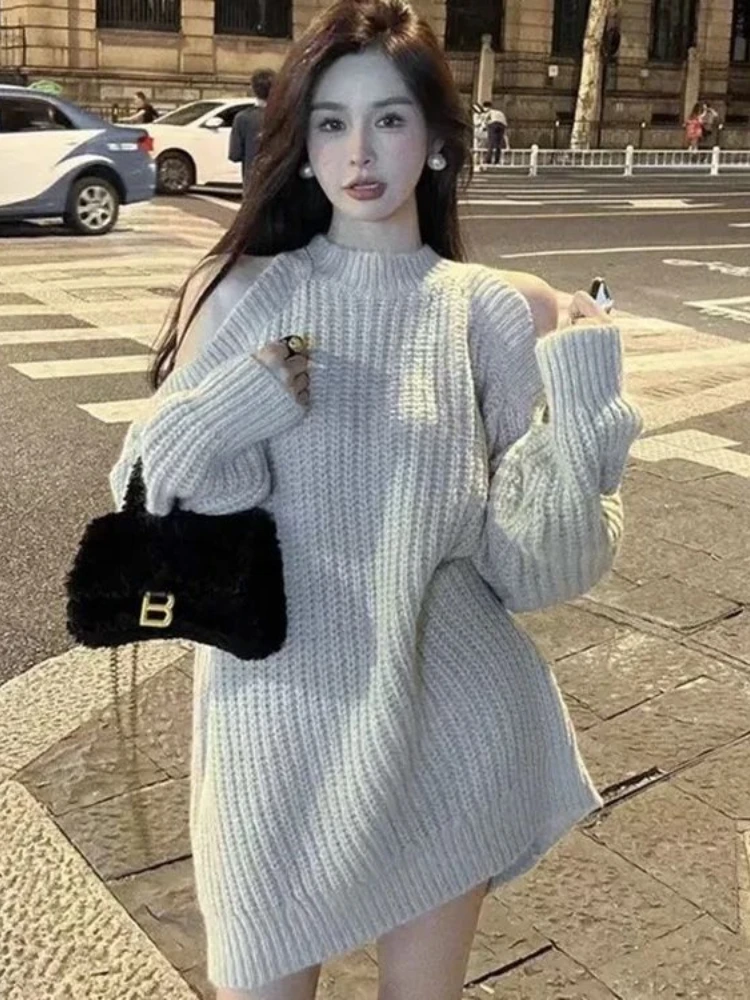 QWEEK корейский вязаный свитер с открытыми плечами женский Kpop модная уличная