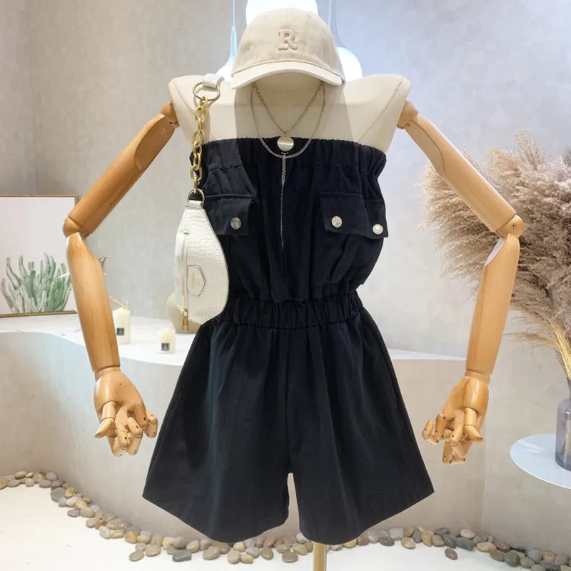 

Niche Design New Women 2022 Summer Denim Chest Wrapped Jumpsuit Casual High Waist Sexy Slim A-line Wide Leg Shorts Overalls