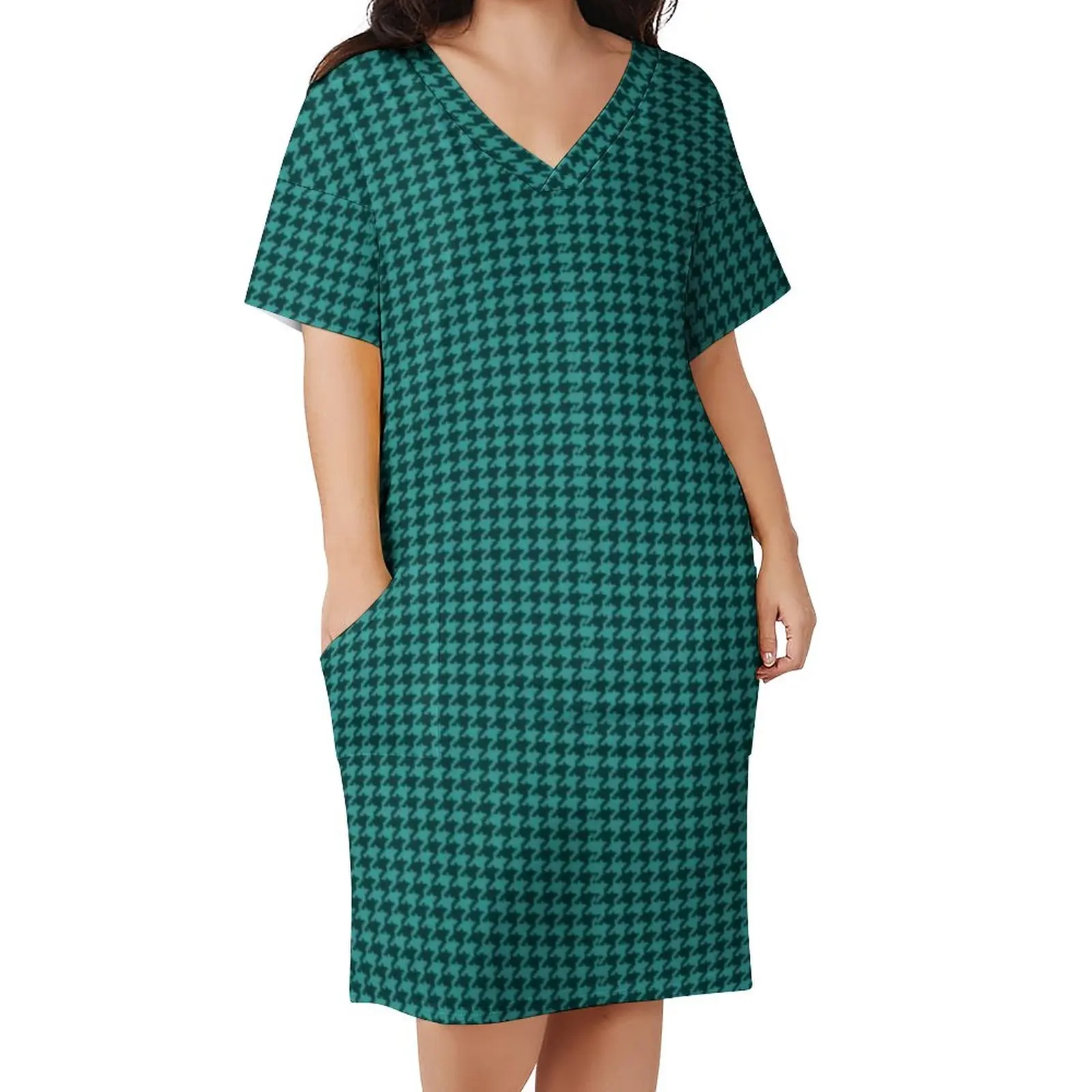 

Green Black Houndstooth Dress V Neck Pattern Trendy Kawaii Dresses Women Aesthetic Print Casual Dress With Pockets Plus Size