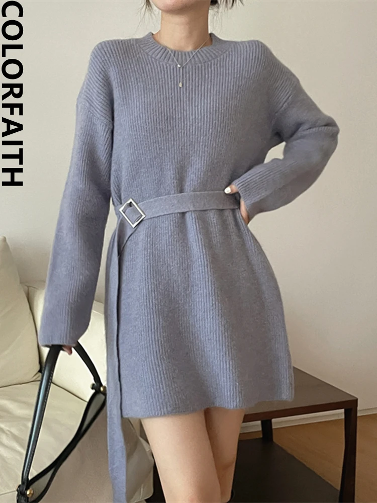 

Colorfaith Новинка 2022, шикарные корейские модные вязаные винтажные элегантные женские мини-платья на осень и зиму, DR3850JX