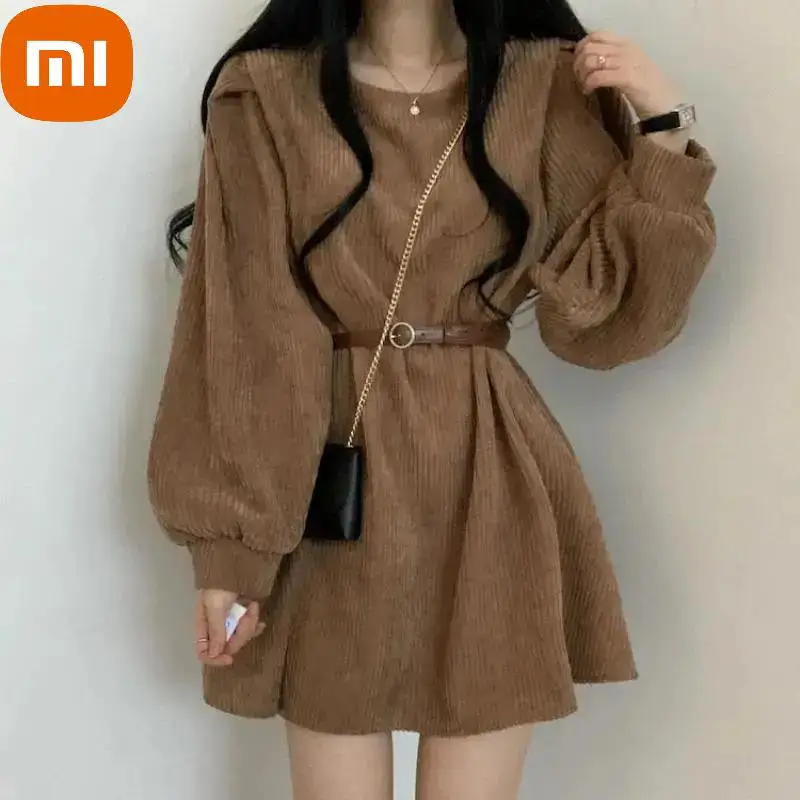

XIAOMI Dress Retro Corduroy Belt Dress Ladies Solid Round Neck Lantern Sleeve Mini Dresses Women Korean Elegant Dress Winter