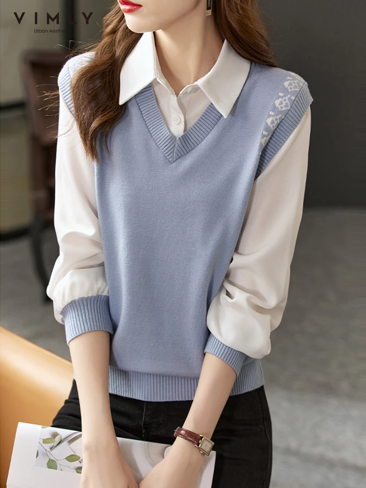 

Vimly Sweater Women 2022 Autumn New Fake Two Piece Vintage Splicing Panelled Fashion Sweet V-neck Clothing Pullover Tops 71201
