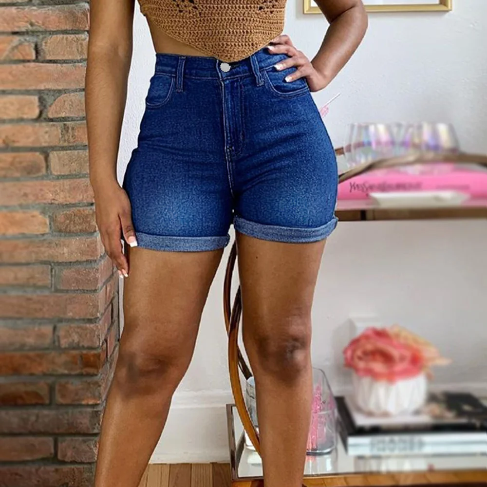 New Stretchy Skinny High Waist Jean Shorts Woman Summer 2022 Casual Pocket Zipper Blue Cuffed Denim Shorts Mom Biker Shorts 3XL