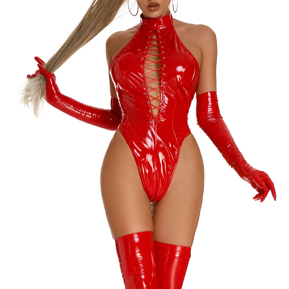 

Women Sexy Lace Up Lingerie Bodysuit PU Leather Mock Neck Body Suit Glossy Zippers Catsuits For Club Pole Dancing Night Clubwear