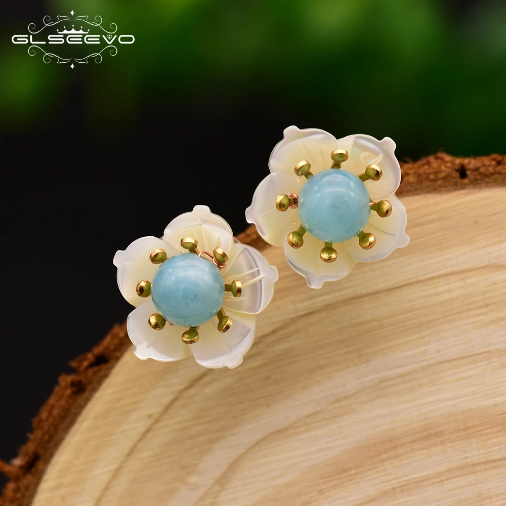 

GLSEEVO Original Handmade Natural Amazonite Blue Stone For Girl Women's Stud Earrings Party Gift Fine Jewelry Aretes 2019 GE0612