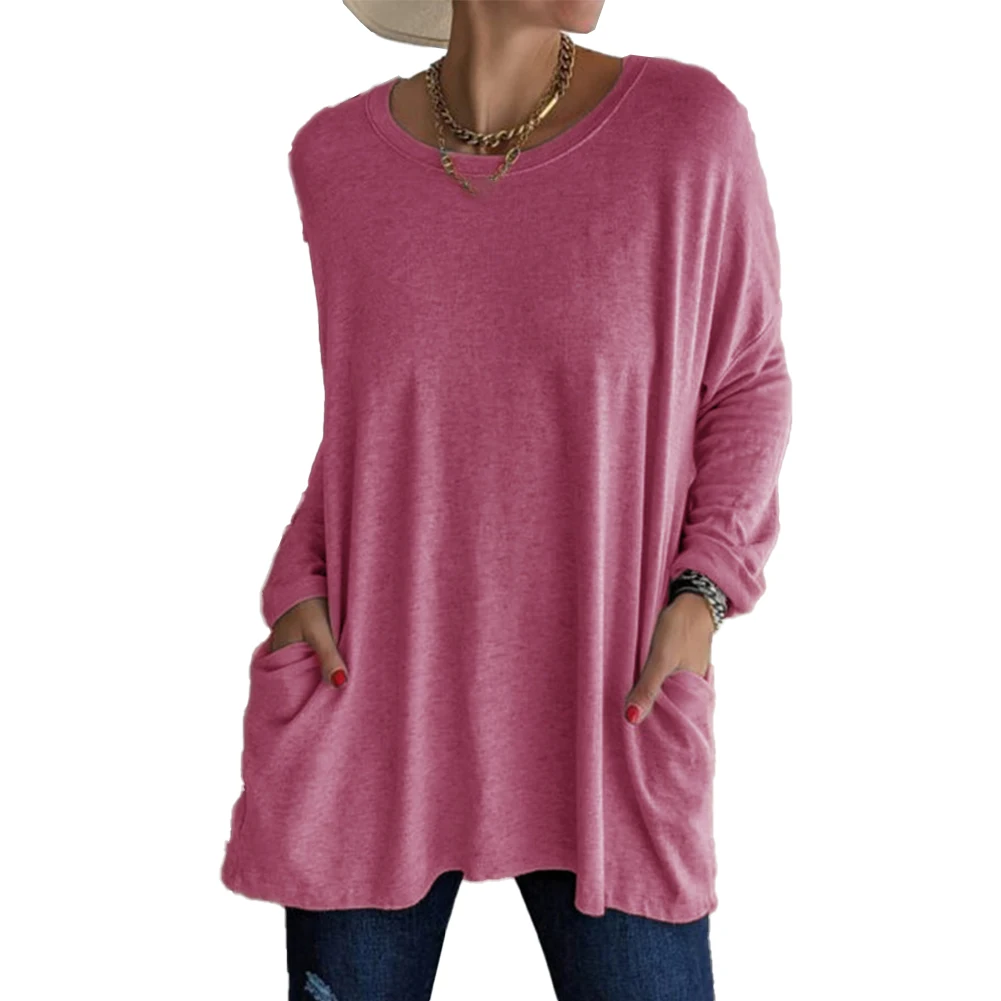 

Fashion Women's Basic Solid Color T-shirt Plus Size Long Sleeve Pocket Plain Loose Tees Tops T Shirts Woman Female Clothing