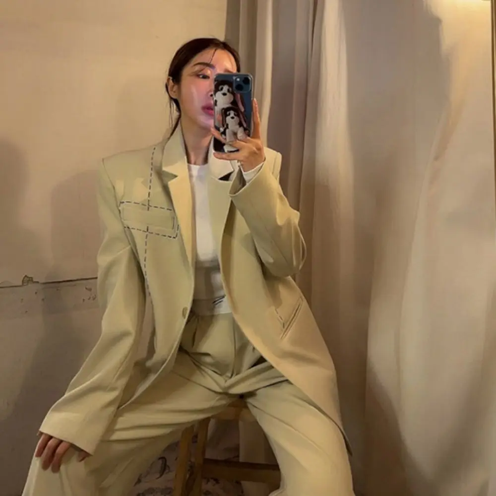 2023 Spring Fashion Loose Women Trouser Suits Long Sleeve Single-Breasted Blazer & High Waist Pants Office Ladies 2 Piece Set