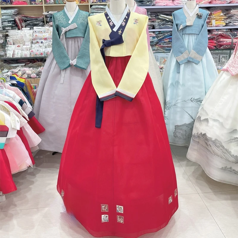 

Women Hanbok Yellow Top Red Skirt Bridal Wedding Dress Exquisite Hanbok Fashion Embroidery Korean Traditional Folk Stage Show