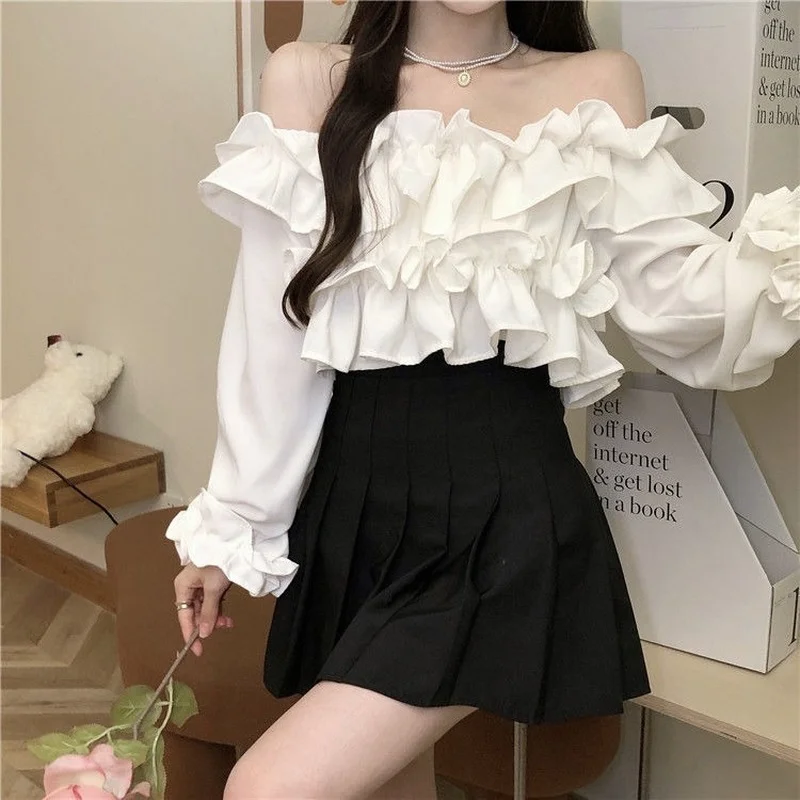 

French Ruffled White Shirts Women Fashion Slash Neck Long Sleeve Blouse Woman New Chiffon Cropped Tops Design Spring Summer