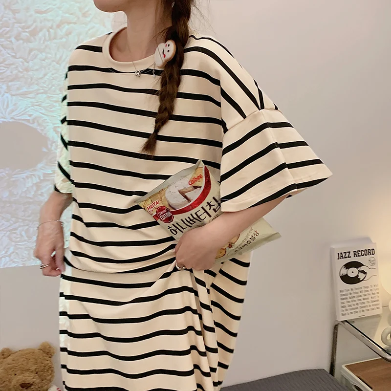 Summer Nightgowns & Sleepshirts Stripe Women's Short Cotton Sleepwear Home Nightshirt Women Causal Loose Ladies Long Women Dress