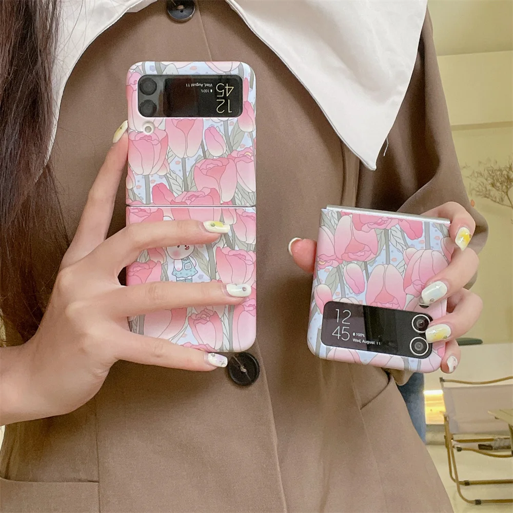 

USLION Pink Flower Rabbit Case For Samsung Galaxy Z Flip 3 4 Silm Hard PC Protection Bumper Phone Cover For Samsung Z Flip 34 5G