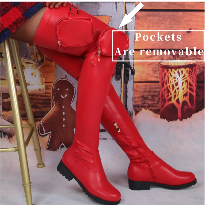 Brand Knee High Boots Pu Leather Low Heels Round Toe Pocket Bags Boots Women's Thigh High Boots 2021 Autumn Winter Women Shoes