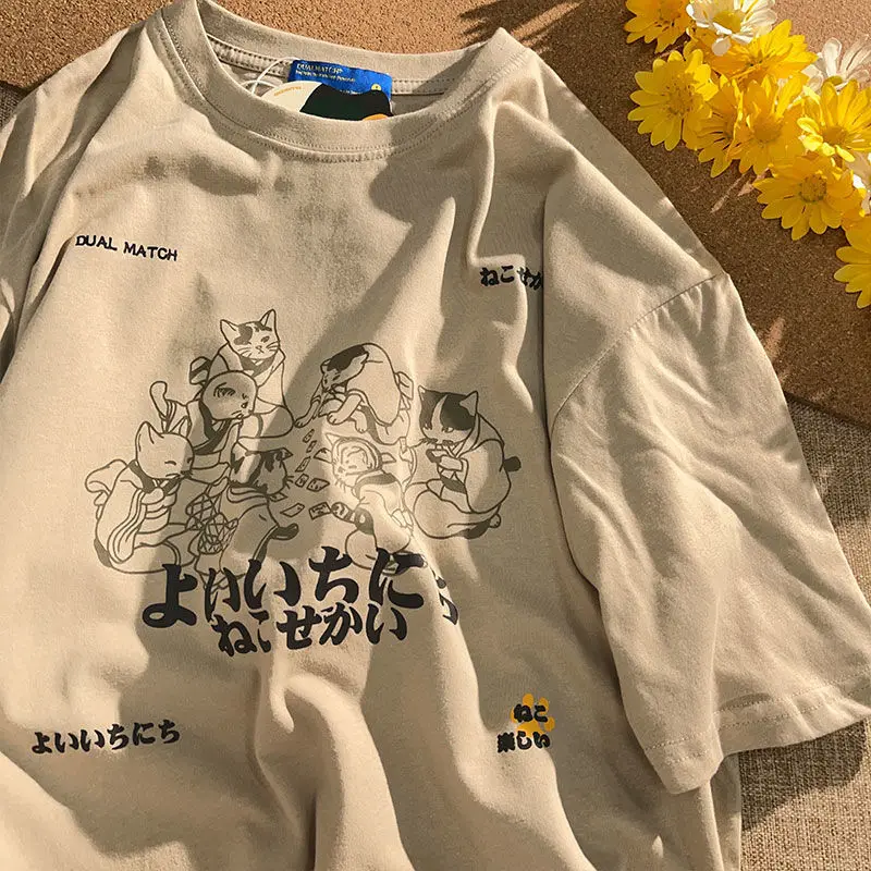 

Vintage Japan Kanji Funny Cats Anime T Shirts Graphic Tee 2022 Summer Y2K Aesthetic Kawaii Clothes Harajuku Oversized Teens Tops