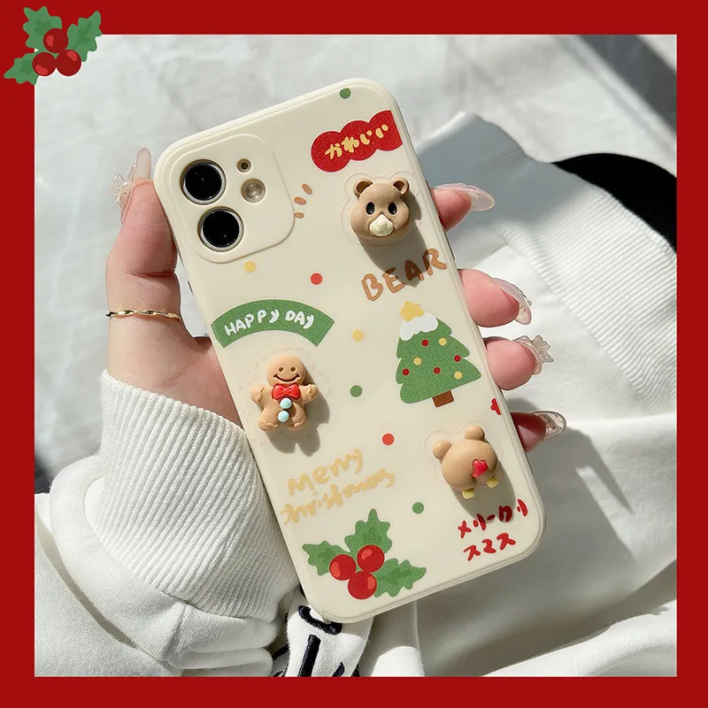 

3D Cartoon Bear Gingerbread Man Christmas Phone Case For iPhone 12 13 11 Pro MAX XS Soft Silicone Shockproof Shell Back Cover